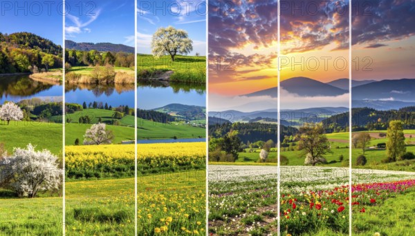 Collage of spring and summer landscapes, blooming flowers, green meadows and trees, hilly landscape