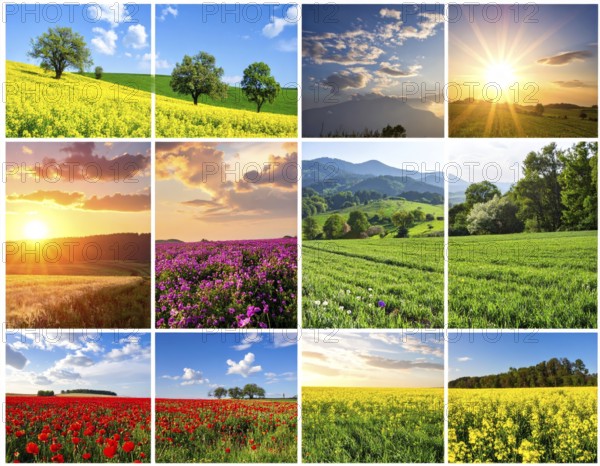 Collage of spring and summer landscapes, blooming flowers, green meadows and trees, hilly landscape
