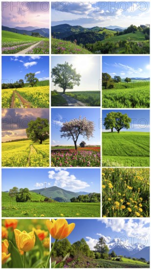 Collage of spring and summer landscapes, blooming flowers, green meadows and trees, hilly landscape
