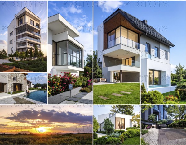 Collage of real estate residential building, modern architecture style, surrounded by green garden,