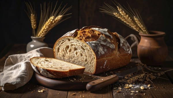 Rustic loaf of whole grain bread, fresh baked, close up of bread on dark wooden table, golden rust,