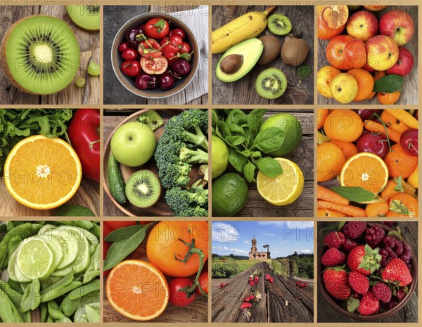 Food collage of various biological and organic fruits and vegetables, fresh healthy lifestyle, with