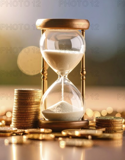 Hourglass and stacked golden coins, illustrating currency fluctuation and time impact commodities