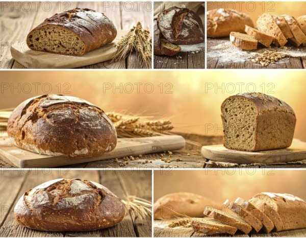 Collage of rustic loaf of whole grain bread, bread on dark rustic wooden table, great variety of