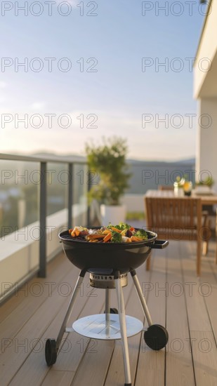 Cooking vegetables on grill on the balcony, healthy lifestyle, vegetarian barbeque, leisure time in