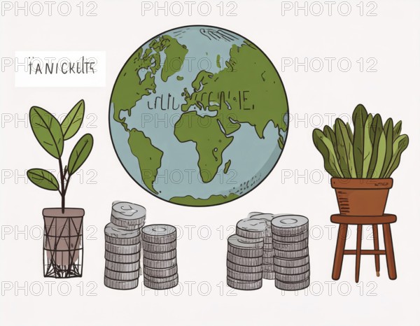 Green earth globe with silver coin stack symbolizing global finance economy and sustainable growth,