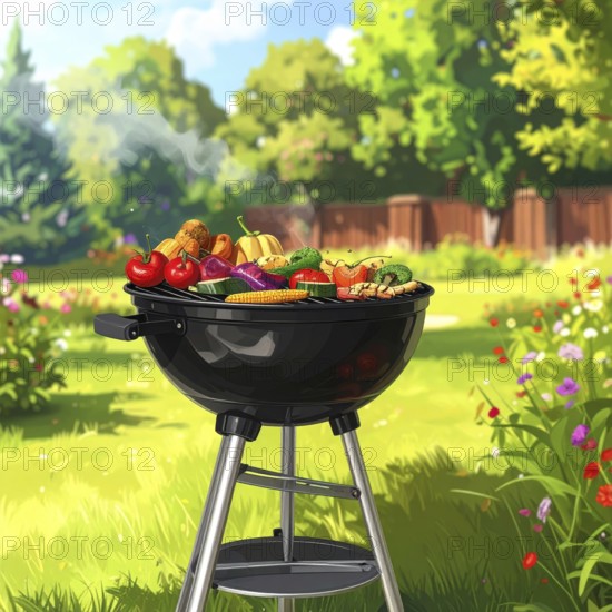 Cooking vegetables on grill outdoors, healthy lifestyle with healthy food, close up of grill with