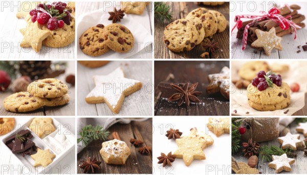 Collage of Christmas cookies and sweets, variation of sweet desserts, lots of unhealthy calories,