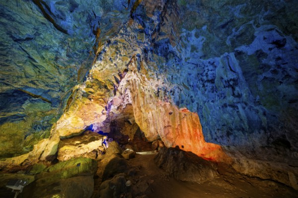 Coloured lighting, fog cave, stalactite cave in the Swabian Jura, stalactites, stalactite forest,