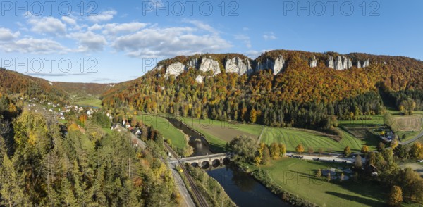 Aerial view, panorama of the Upper Danube Valley, surrounded by autumn vegetation with the