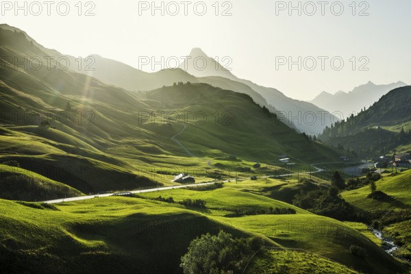 Mountain landscape, sunrise, Hochtannbergpass, Biberkopf, Warth, Bregenzerwald, Vorarlberg, Alps,