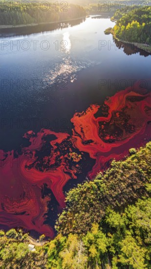 Red algae plant on the lake. abstract ecology nature concept, wild landscape with vibrant red