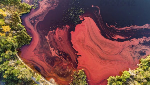 Red algae plant on the lake. abstract ecology nature concept, wild landscape with vibrant red