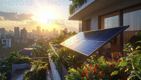 Sunlight Glinting Off Solar Panels on Contemporary Apartment Balcony, energy solution, concept of