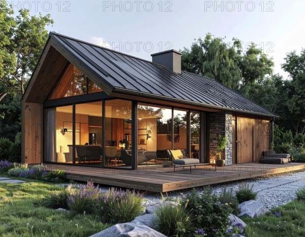 Modern Extension on a Traditional Cottage with Glass and Wood Architecture, green garden with