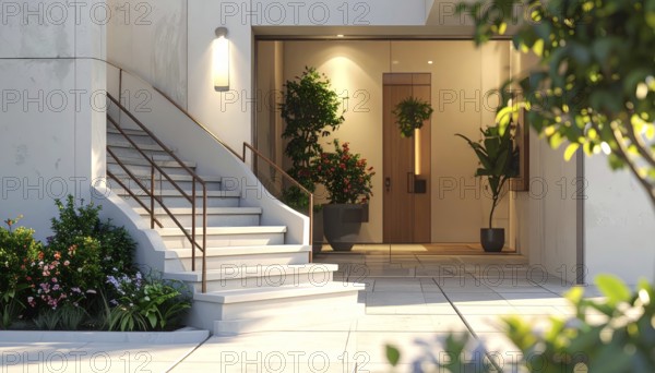 Modern building entrance with stairs, glass facade, and plants in warm evening light, empty