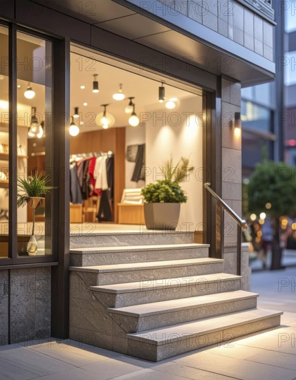 Modern building entrance with stairs, glass facade, and plants in warm evening light, empty