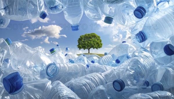 Crushed plastic water bottle waste in a wild landscape, symbol for nature protection, waste