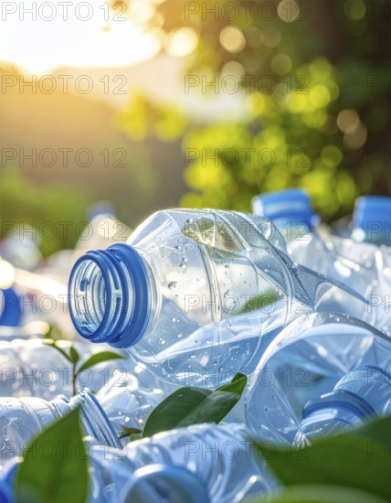 Crushed plastic water bottle waste in a wild landscape, symbol for nature protection, waste