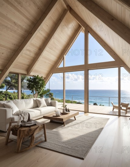 Peaceful A-frame cabin interior with ocean views, real estate lifestyle and travel destination,