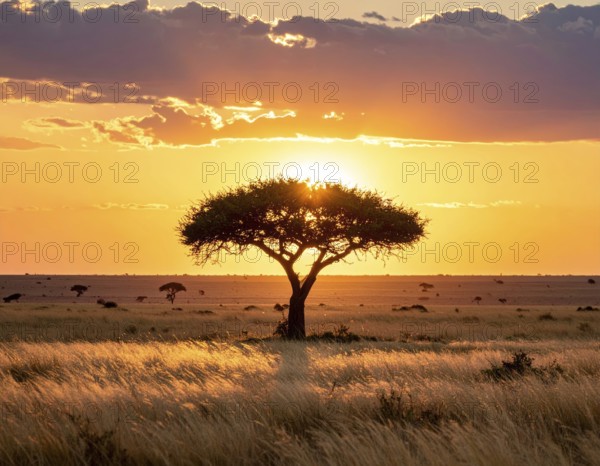 Single acacia tree in the savannah at sunset, solitude in the wild, dry grass in the foreground,