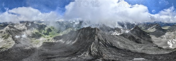 360° alpine panorama, aerial view, Lasörling summit, Lasörling Group, Hohe Tauern, East Tyrol,
