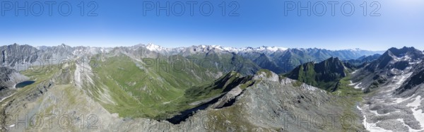 360° alpine panorama, aerial view with summit of Grossvenediger, Venediger Group and Lasörling