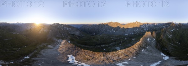 Sunrise 360° Alpine panorama, aerial view of Bachlenkenkopf, summit of the Großvenediger, Venediger