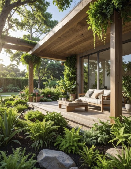 An eco-friendly porch designed for sustainable living in an environmentally-conscious home, lush