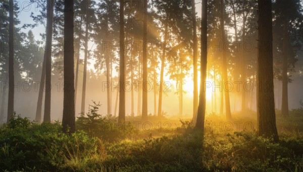 Sunlight streaming through a dense, misty forest, Fog covered forest in summer with mystic golden