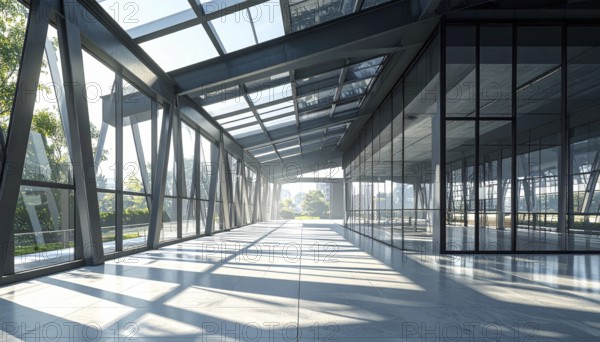 Modern architectural framework with glass and steel structure, glass facade with a greed of steel