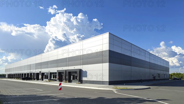 Modern supermarket building exterior against blue sky, Inviting white facade, some clouds, concept