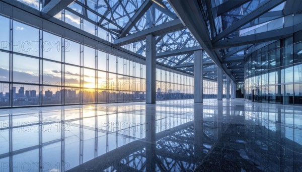 Modern architectural framework with glass and steel structure, glass facade with a greed of steel