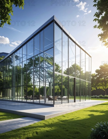Modern architectural framework with glass and steel structure, glass facade with a greed of steel