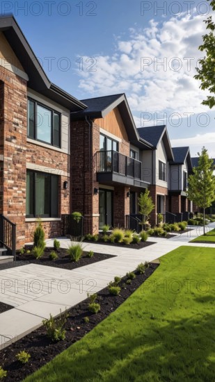 Modern apartment building with balconies and well-kept landscaping at sunset, Modern multifamily