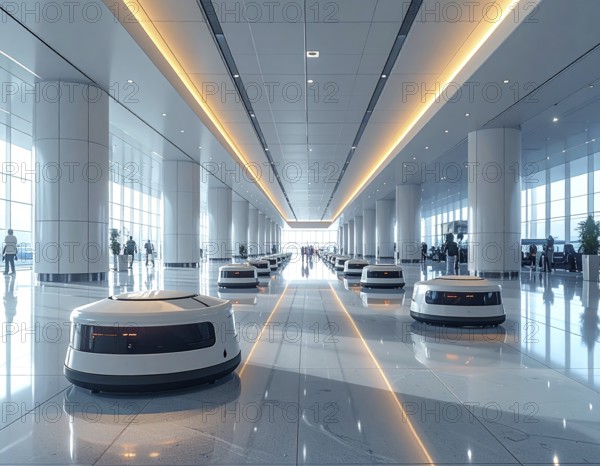 Autonomous cleaning roboter at modern airport terminal, showcasing advanced technology, daylight in