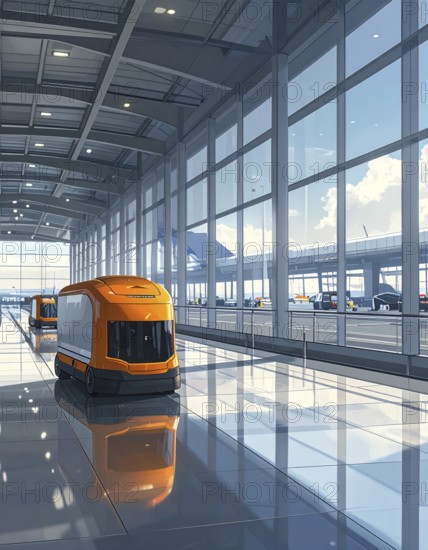 Autonomous cleaning roboter at modern airport terminal, showcasing advanced technology, daylight in