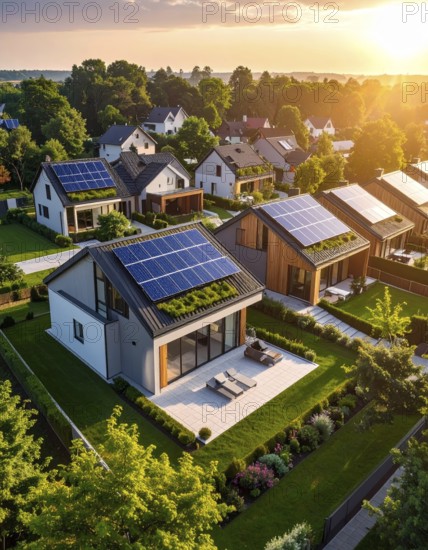 Aerial view showcases modern houses with solar panels and green roofs in a suburban setting,