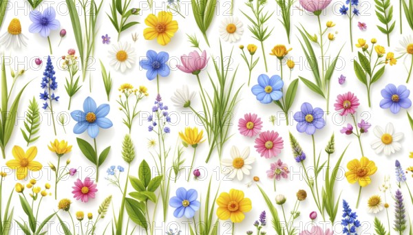 Vibrant wildflowers and grass create a colorful and joyful floral pattern, Variety of wild flowers,