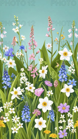 Vibrant wildflowers and grass create a colorful and joyful floral pattern, Variety of wild flowers,