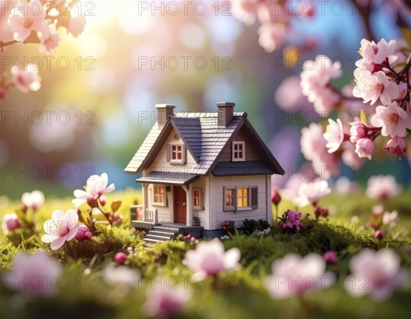 A miniature house surrounded by blooming cherry blossoms and warm sunlight, creating a peaceful and