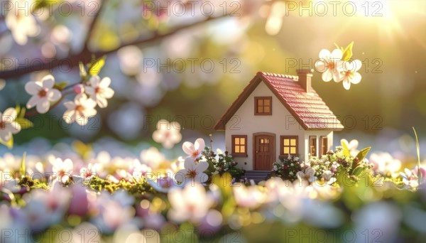 A miniature house surrounded by blooming cherry blossoms and warm sunlight, creating a peaceful and