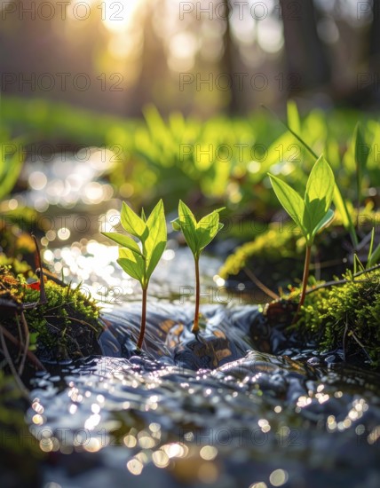 Beautiful spring detailed stream of fresh water, vibrant blooming young green plants, wallpaper