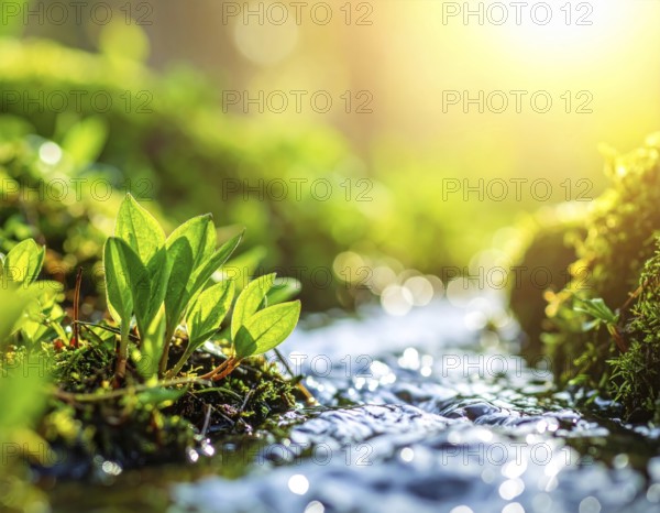 Beautiful spring detailed stream of fresh water, vibrant blooming young green plants, wallpaper