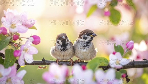 Small funny Sparrow Chicks sit in the garden surrounded by pink Apple blossoms on a Sunny may day,