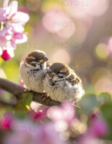 Small funny Sparrow Chicks sit in the garden surrounded by pink Apple blossoms on a Sunny may day,
