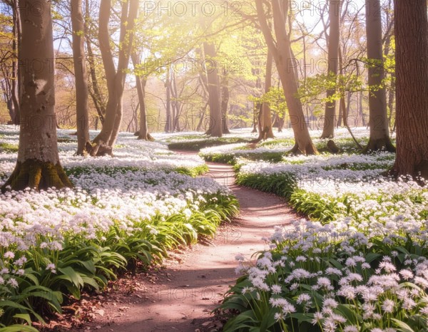 A tranquil forest path lined with white flowers, surrounded by tall trees and bathed in soft