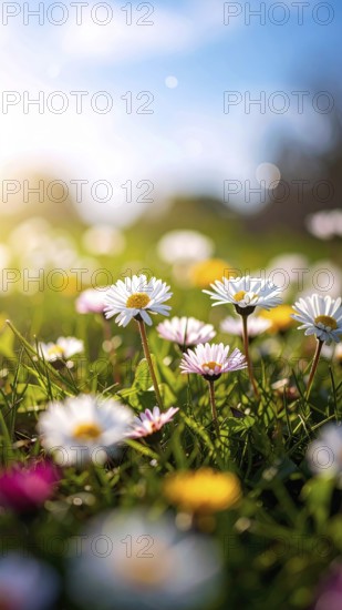 A sunny meadow with daisies in full bloom under bright sunlight, creating a vibrant and cheerful