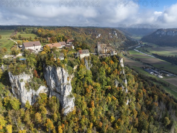 Aerial view of Werenwag Castle and former Werenwag Castle on a rocky spur in the Upper Danube