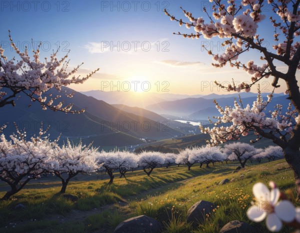 Landscape with a blooming apricot tree, idilyc spring nature, green grass and mountains in